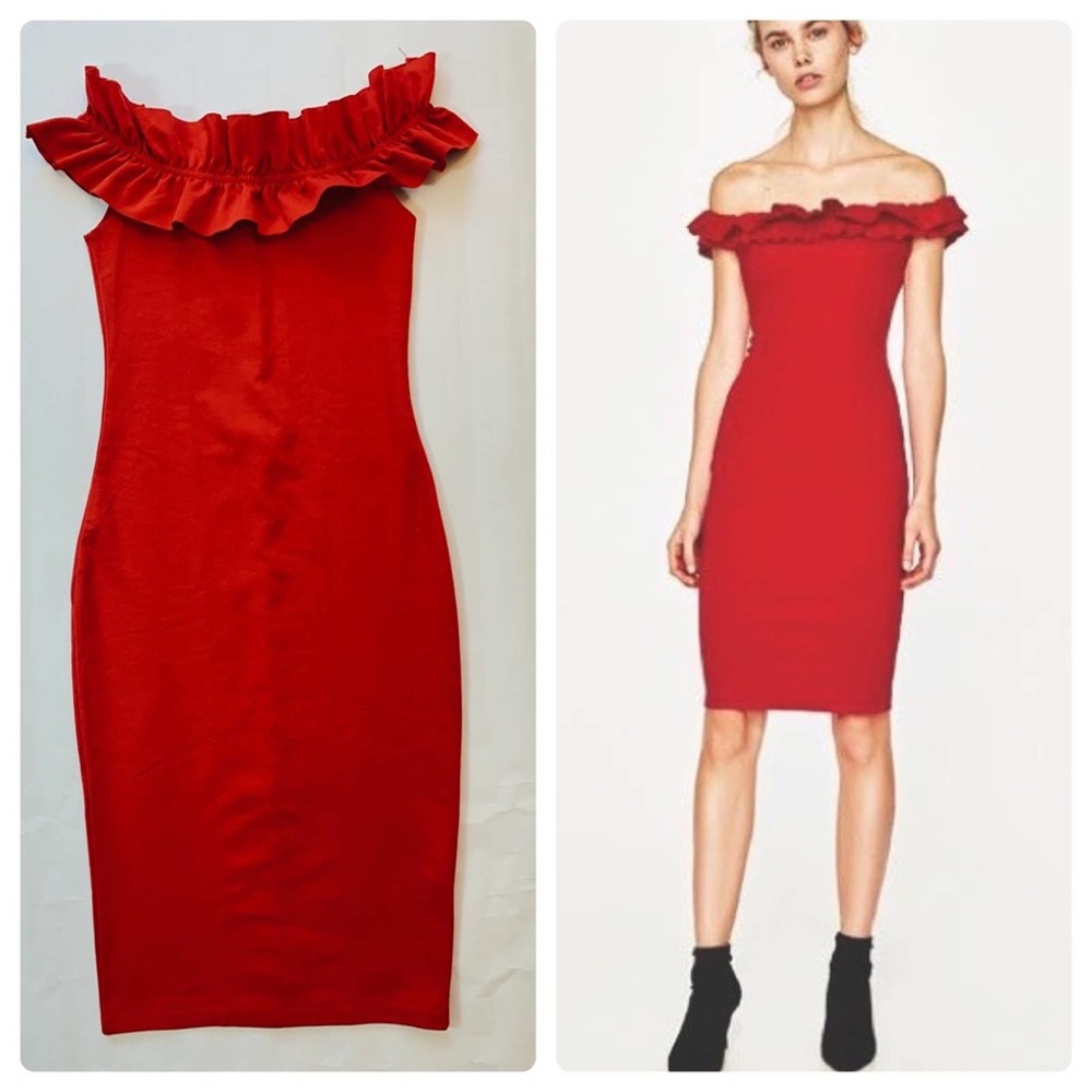 Zara Red Ruffle Off Shoulder Dress Size Small